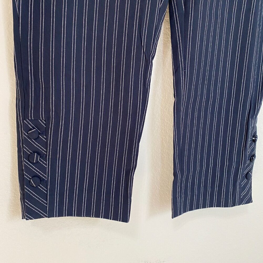 Chico's Blue White Striped Pants Stretch Skinny Ankle Pant Button Leg - Picture 2 of 8